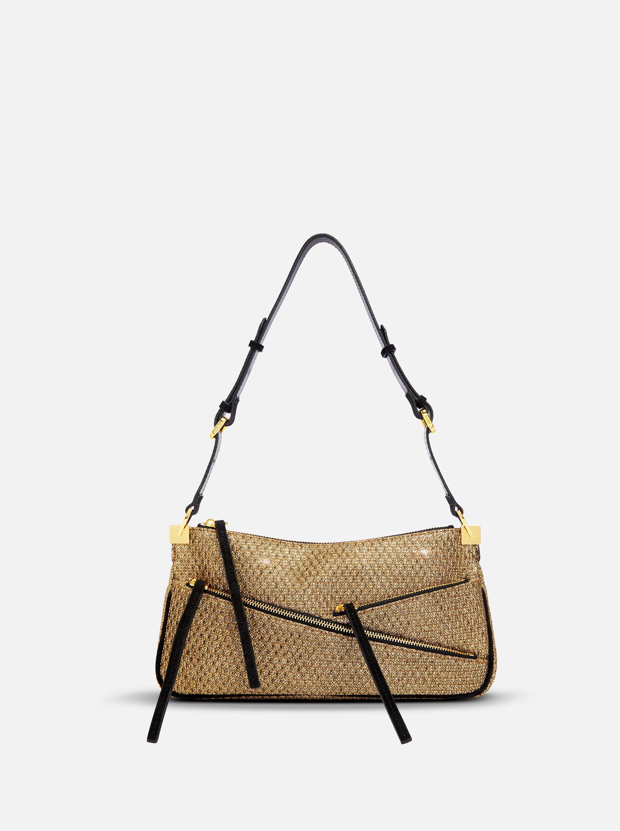 Three Zipped Gold Mesh & Black Suede
