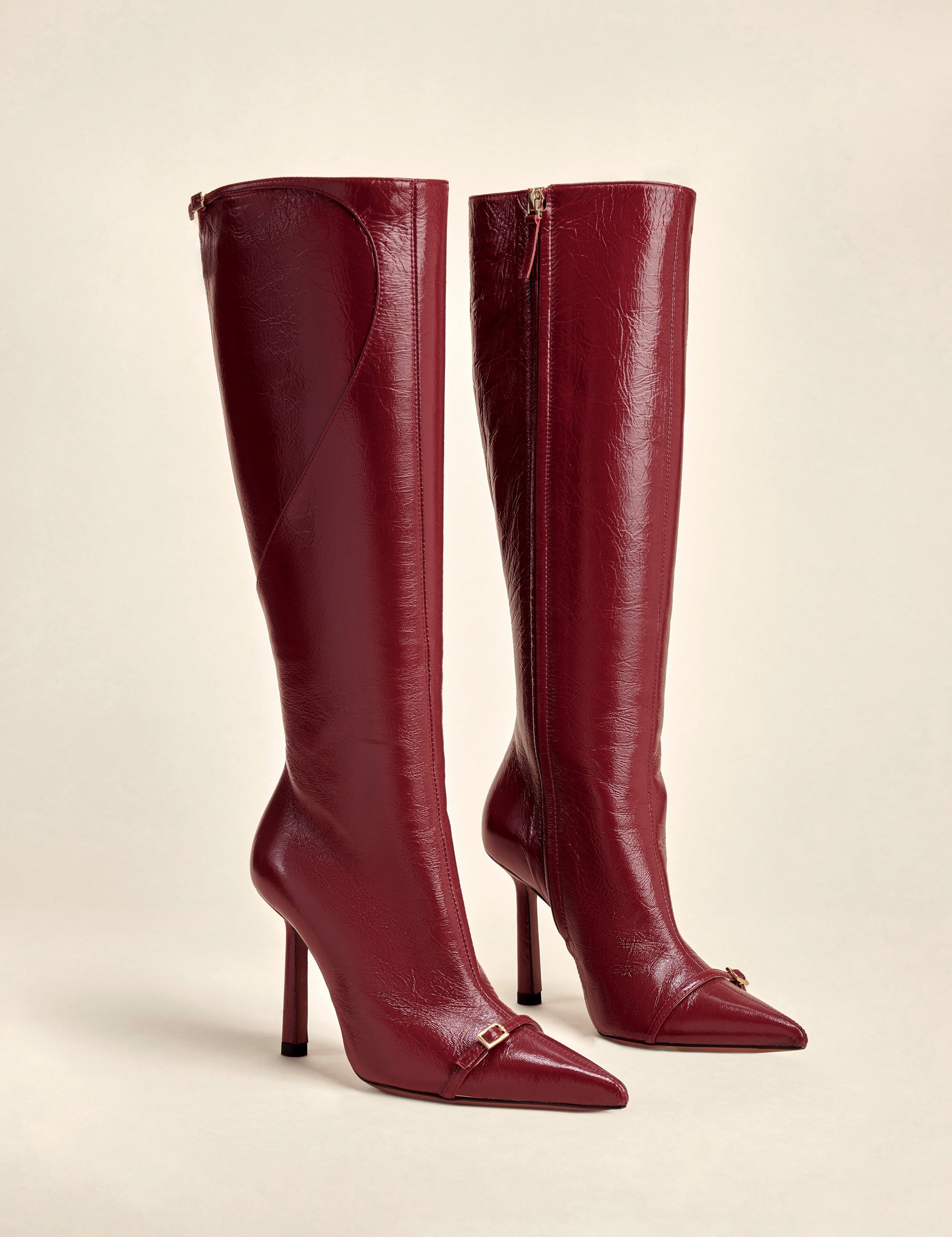 Knee High Pointy Toe Boots Rusty Red High Gloss