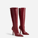 Knee High Pointy Toe Boots Rusty Red High Gloss