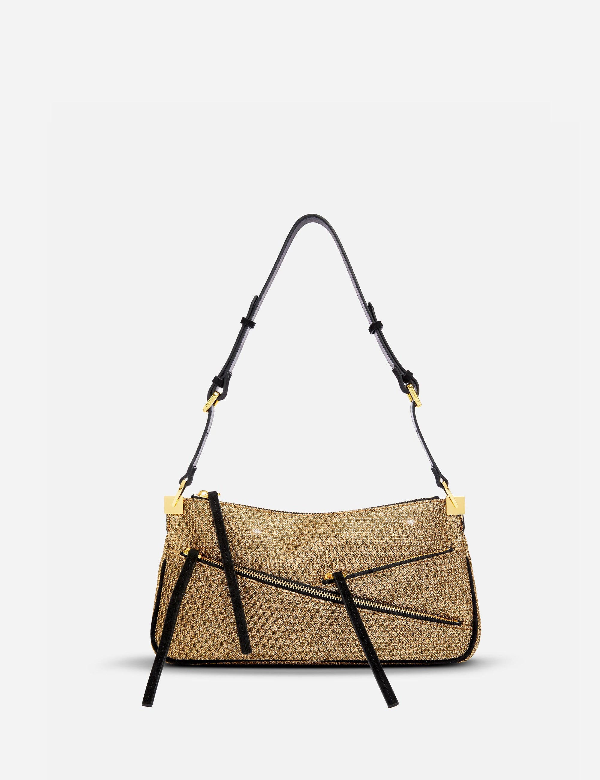 Three Zipped  Gold Mesh & Black Suede