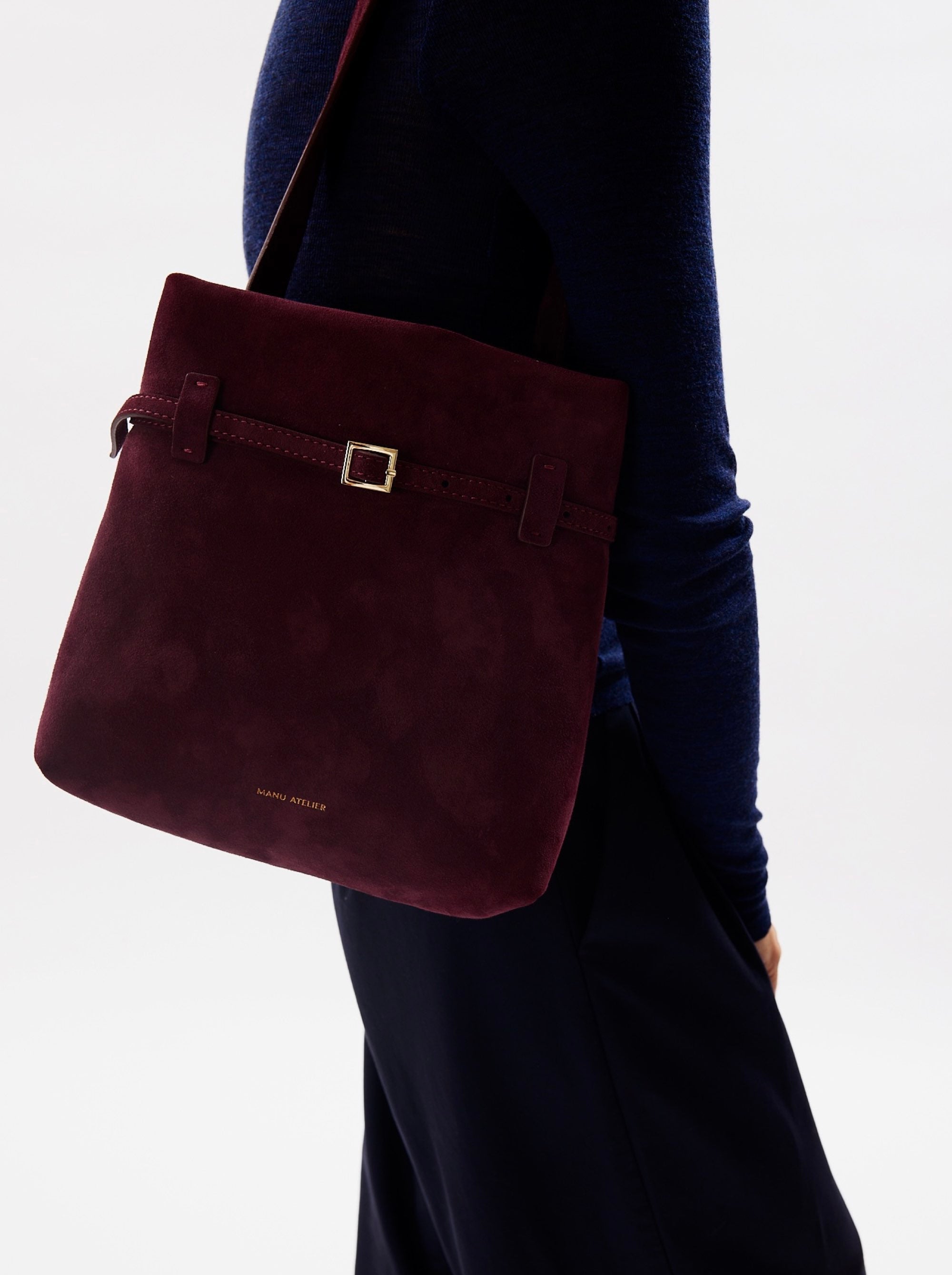 Mini Tote du Jour Merlot Suede On Model