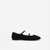 Manu Ballet Flats With Double Belt Black Suede