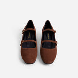 Manu Ballet Flats With Double Belt Chocolate Suede