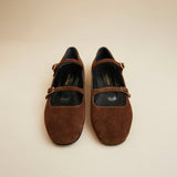 Manu Ballet Flats With Double Belt Chocolate Suede