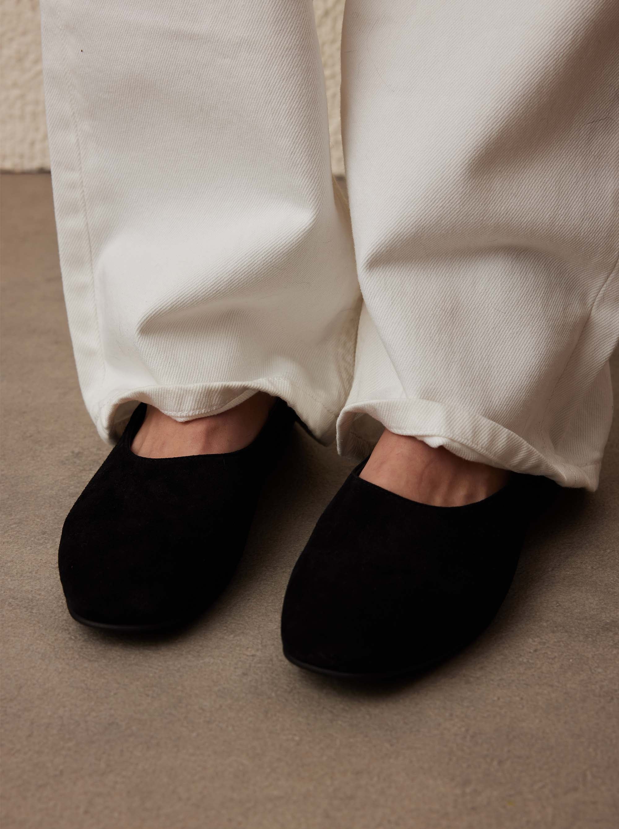 Manu Ballet Flats With Cross Over Ankle Strap Black Suede with a model 2