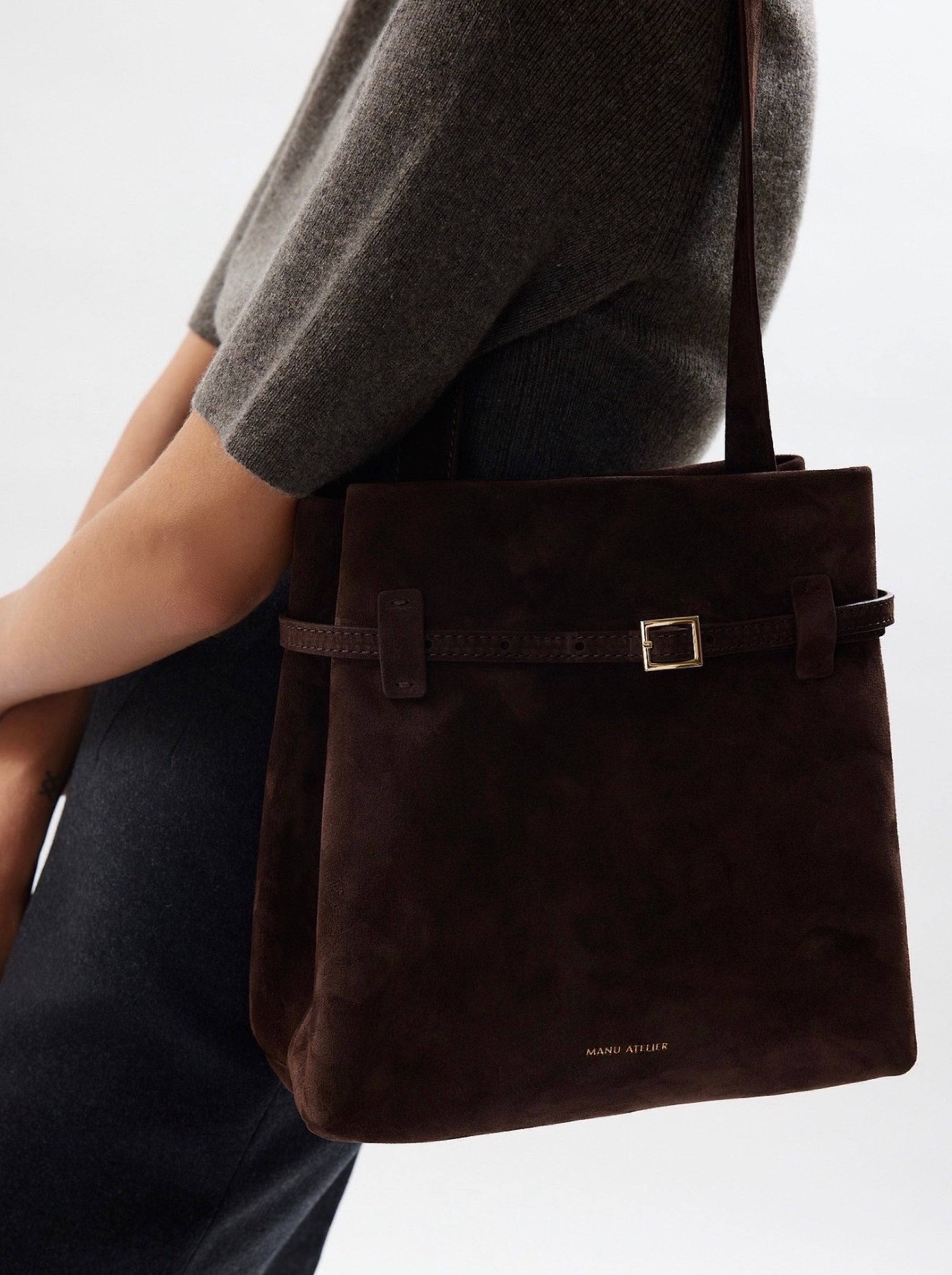 Mini Tote du Jour Deep Brown Suede on model
