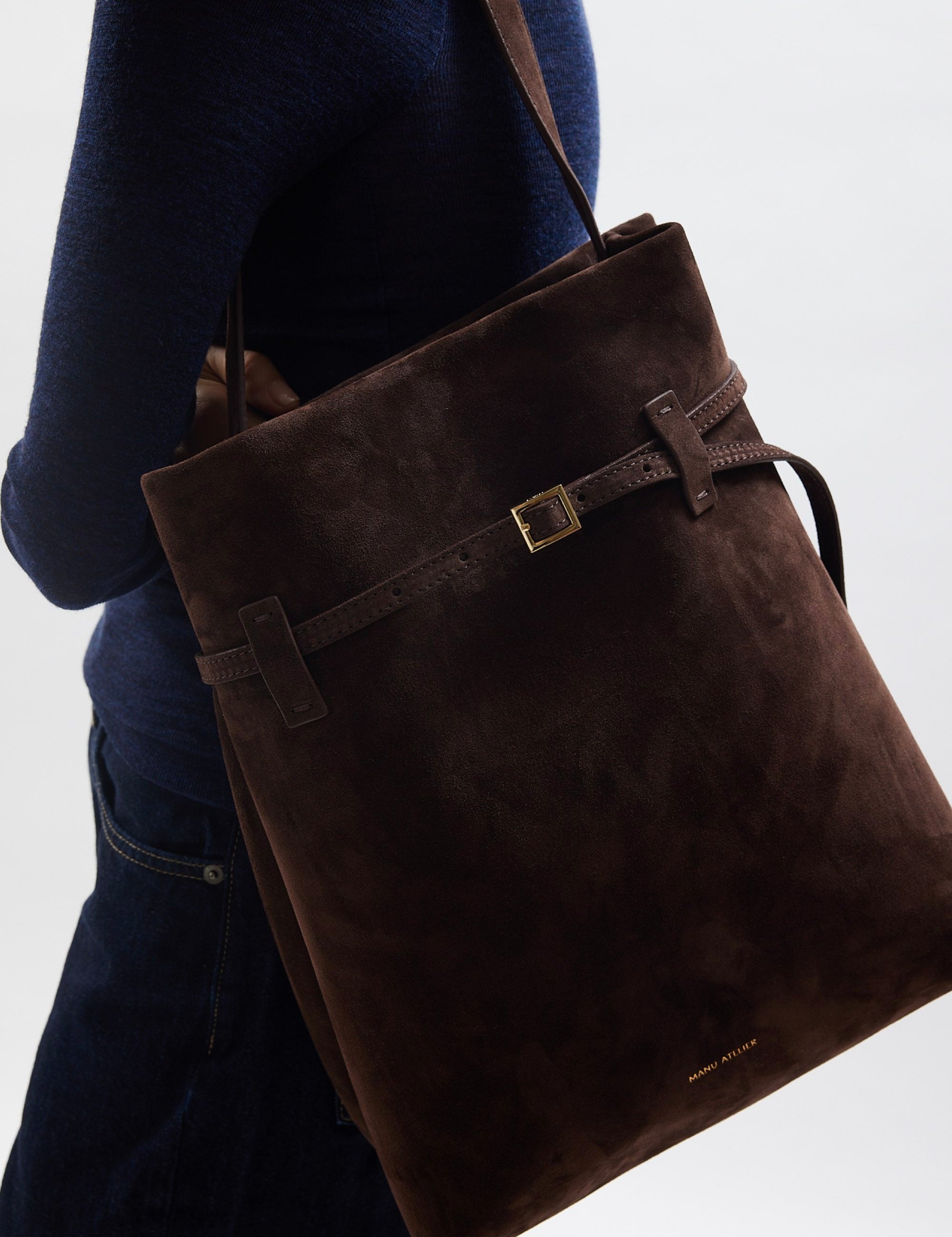 Tote du Jour Deep Brown Suede on Model