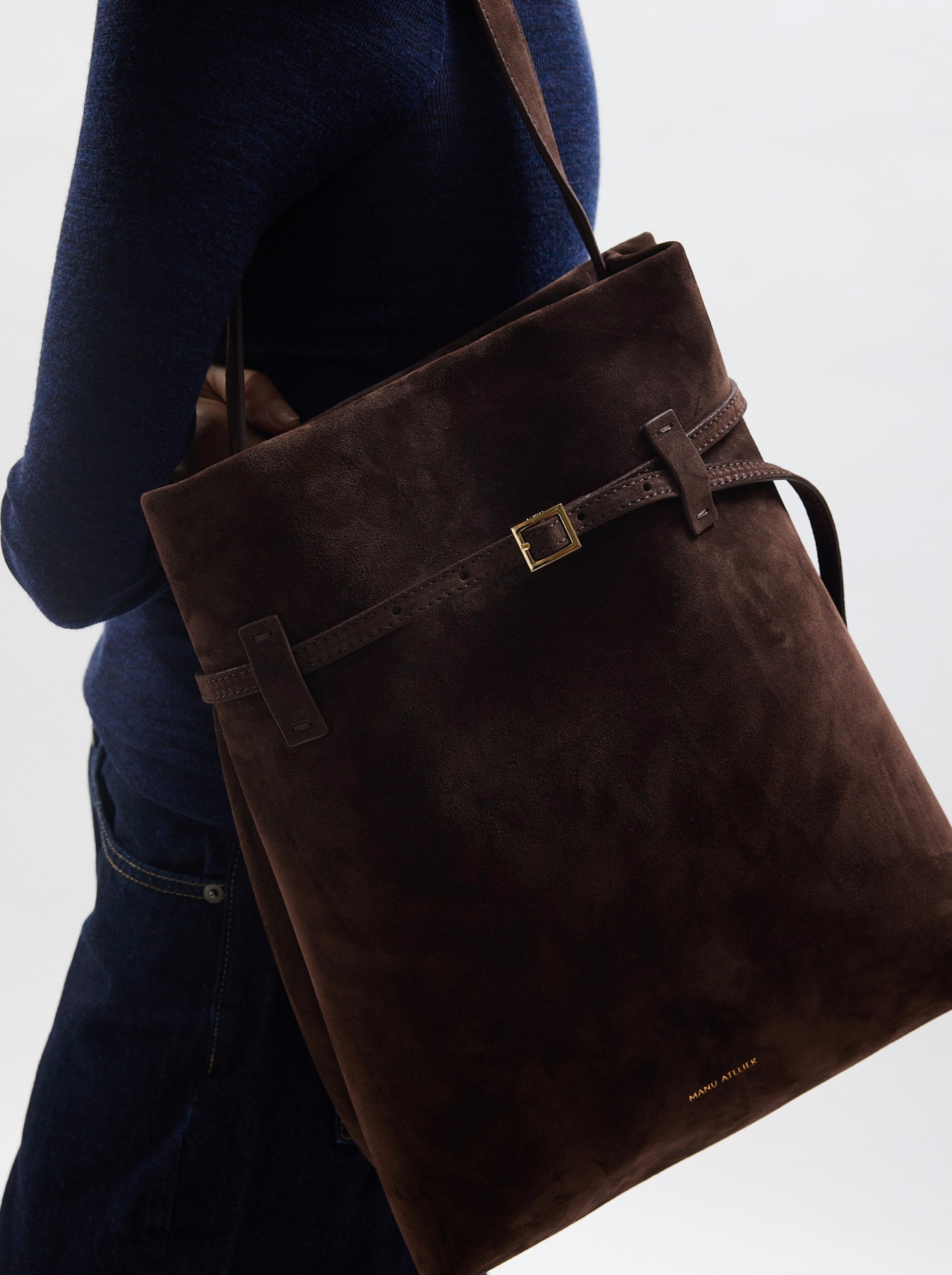 Tote du Jour Deep Brown Suede on Model