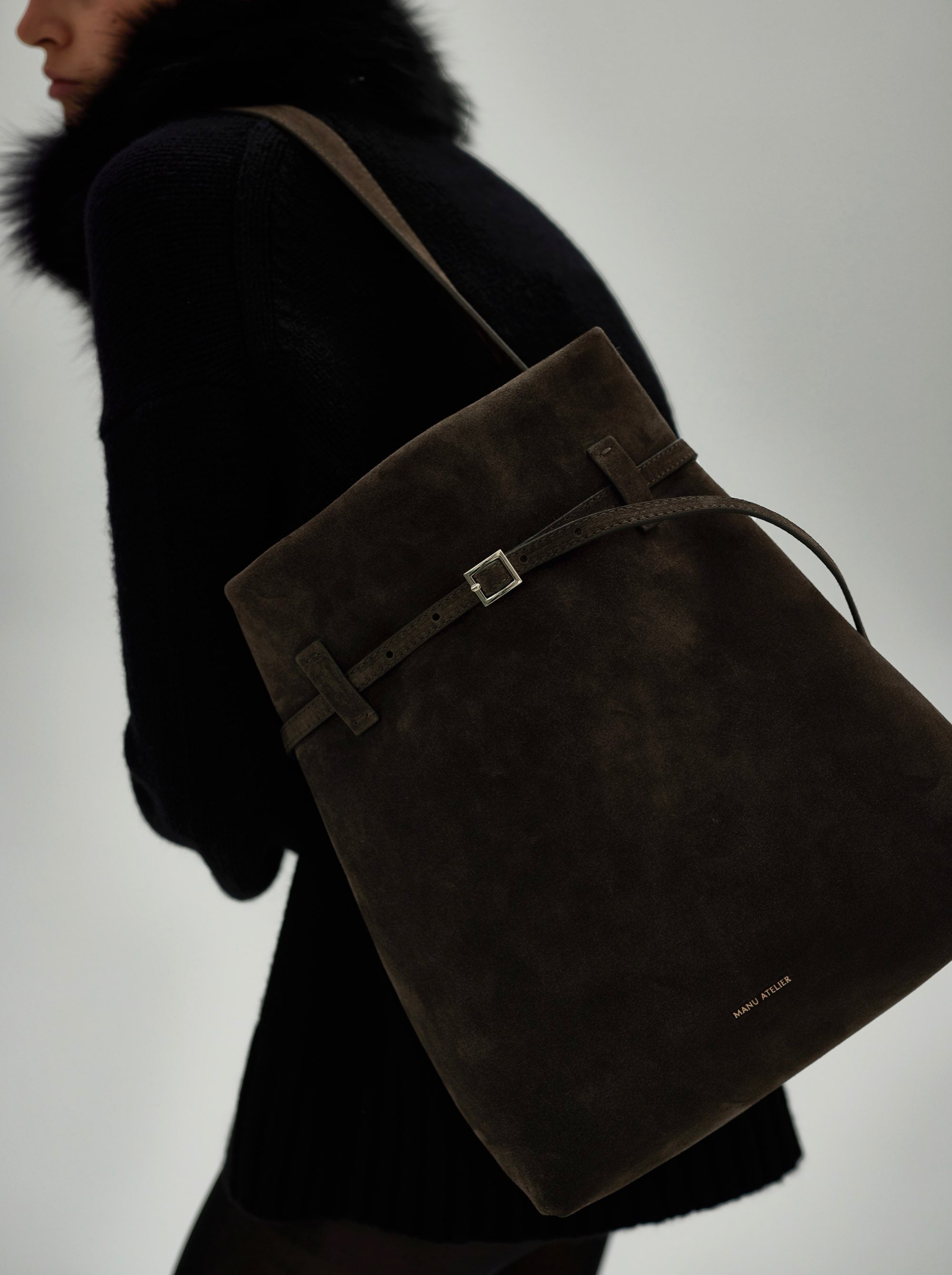 Tote Du Jour Tobacco Green Suede on Model