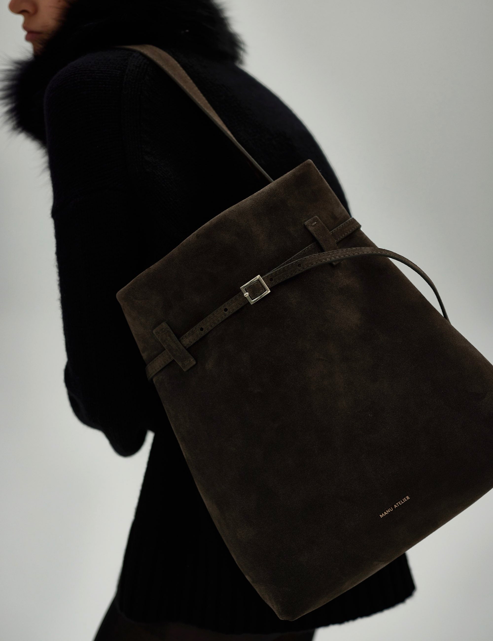 Tote Du Jour Tobacco Green Suede on Model