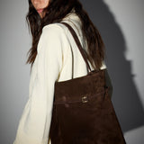 Tote du Jour Deep Brown Suede On Model