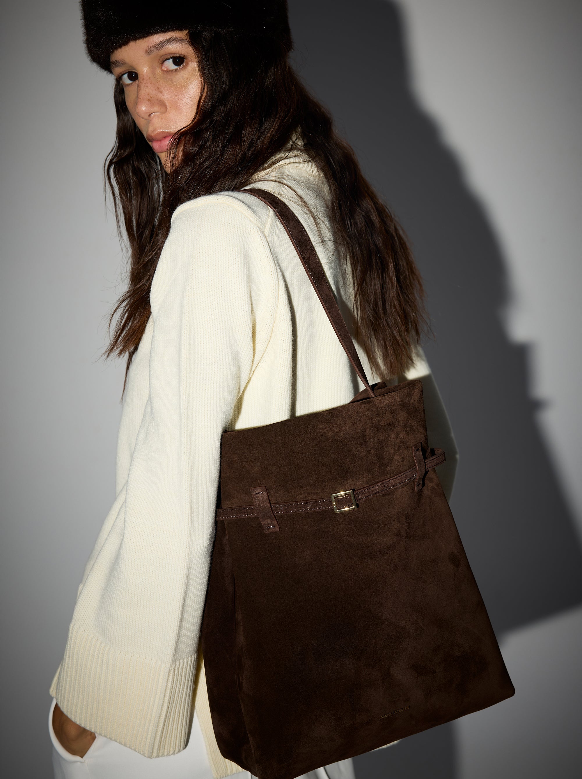 Tote du Jour Deep Brown Suede On Model