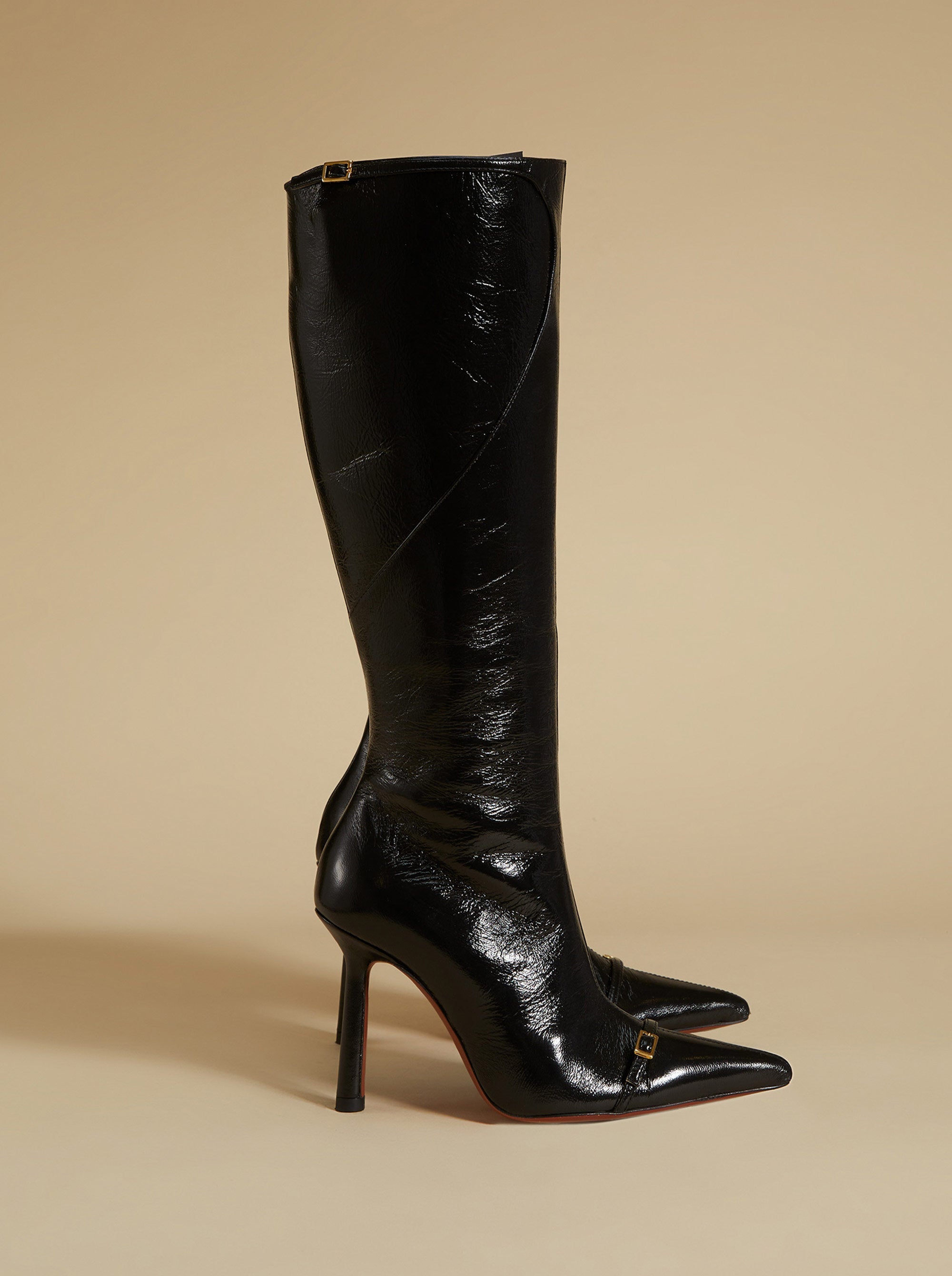 Knee High Pointy Toe Boots Black High Gloss by Manu Atelier